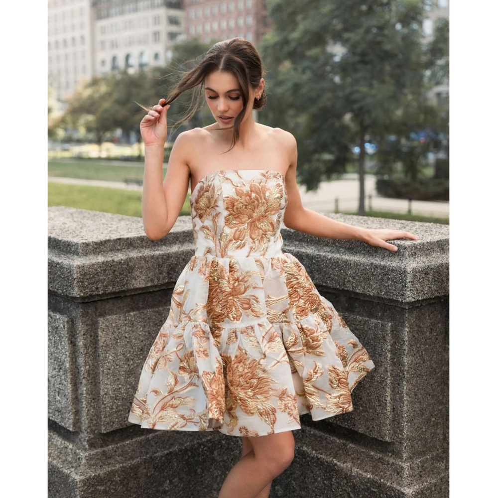 Mac Duggal Gold Strapless Brocade Mini Dress with Pockets